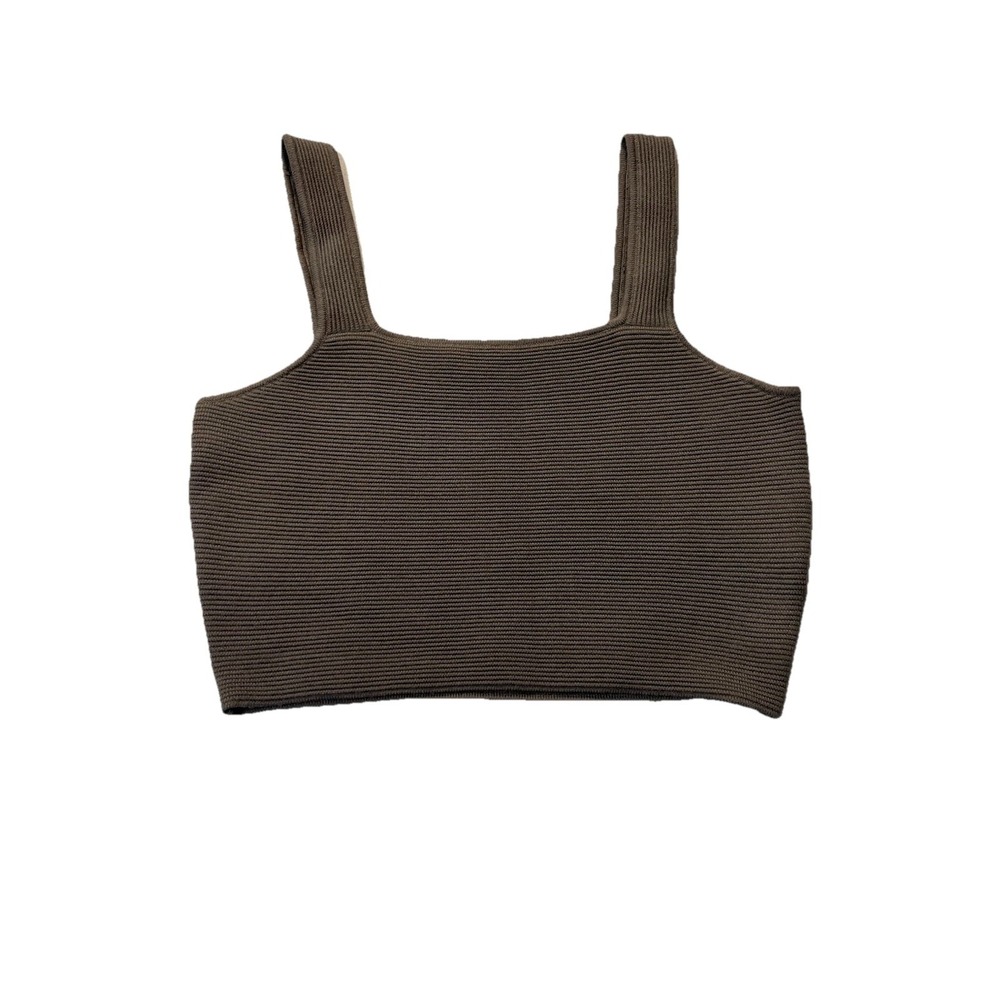 All Row Womens Small Ribbed Knit Crop Tank Taupe Brown Minimalist Square Neck